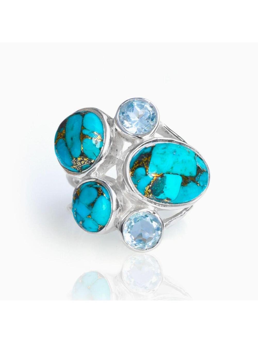 Blue Turquoise & Topaz 925 Sterling Silver Cocktail Ring